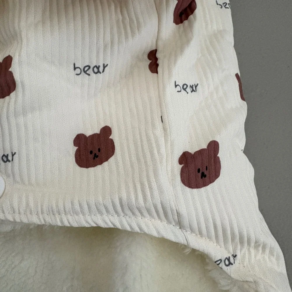 Cream Corduroy Bear Print Pet Jacket Faux Shearling Lined Snap Button Coat Sz 12